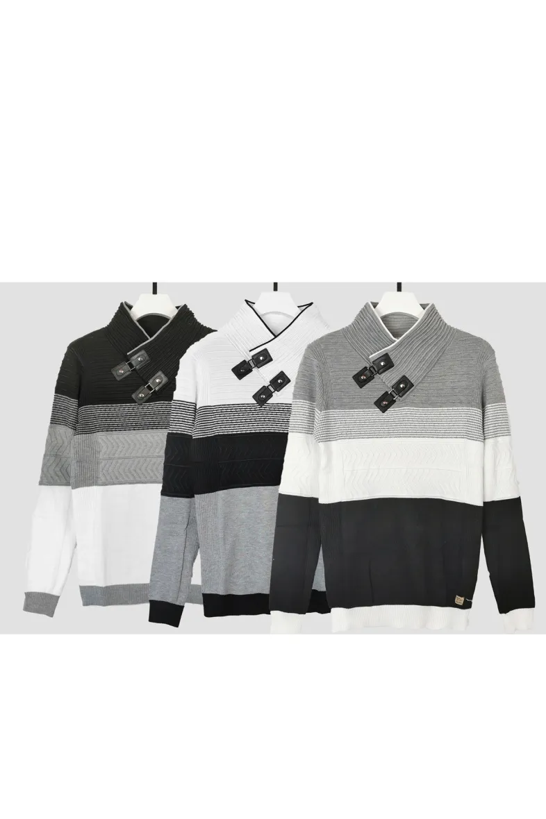 Gestreifter, langärmliger Pullover mit Schalkragen und mehreren Texturen