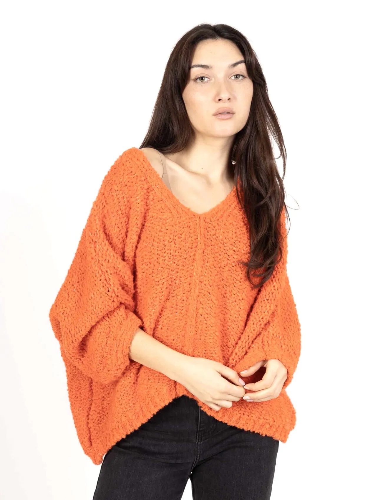 Loop-Pullover mit V-Ausschnitt, Wolle, Alpaka