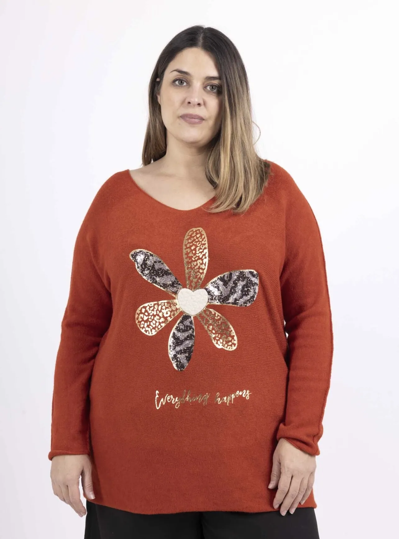 Pullover mit V-Ausschnitt und Blumenmuster, besonders große Größe