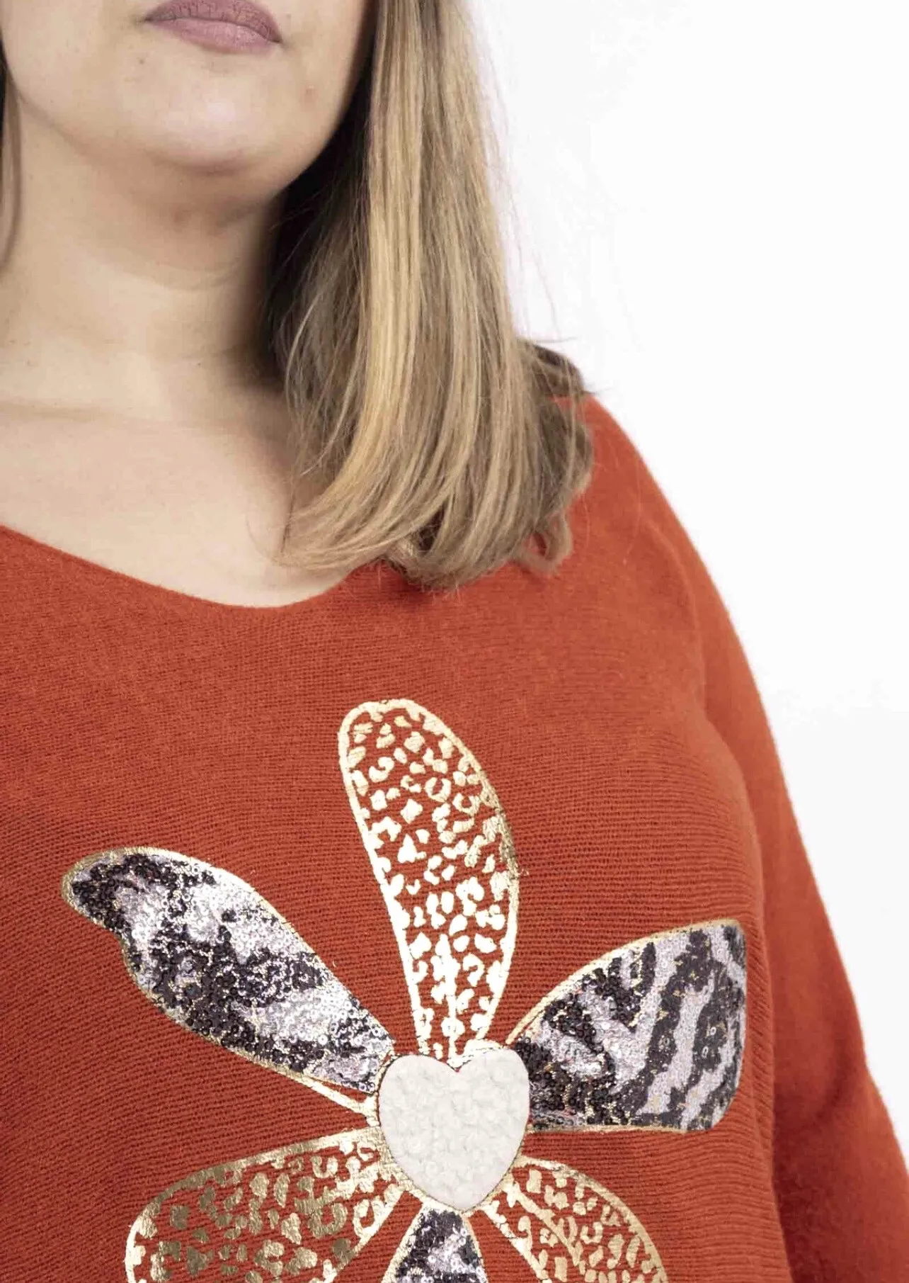 Pullover mit V-Ausschnitt und Blumenmuster, besonders große Größe